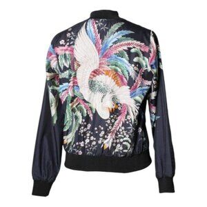 Robert Graham Women's Black Silk Bomber Jacket Beaded Bird Design Size Large